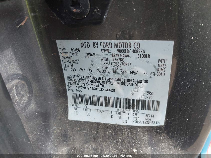 2006 Ford F-250 Xl/Xlt VIN: 1FTNF21536ED14425 Lot: 39695699