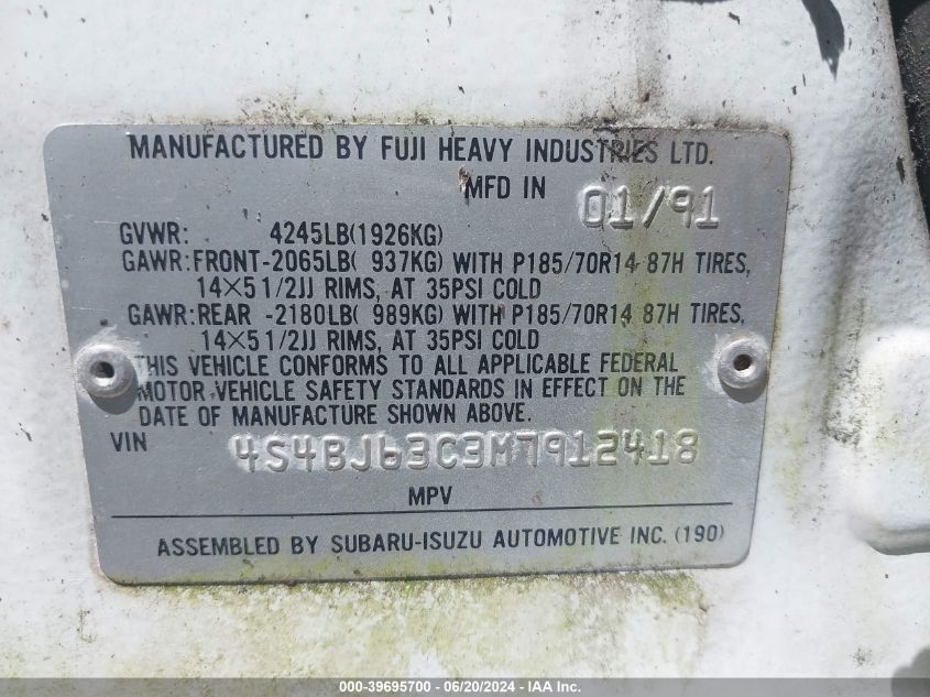 1991 Subaru Legacy L/Hx/Px/Rx VIN: 4S4BJ63C3M7912418 Lot: 39695700