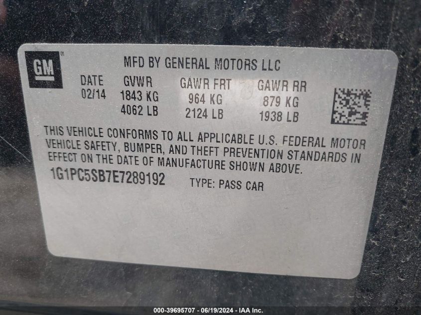 2014 Chevrolet Cruze 1Lt Auto VIN: 1G1PC5SB7E7289192 Lot: 39695707
