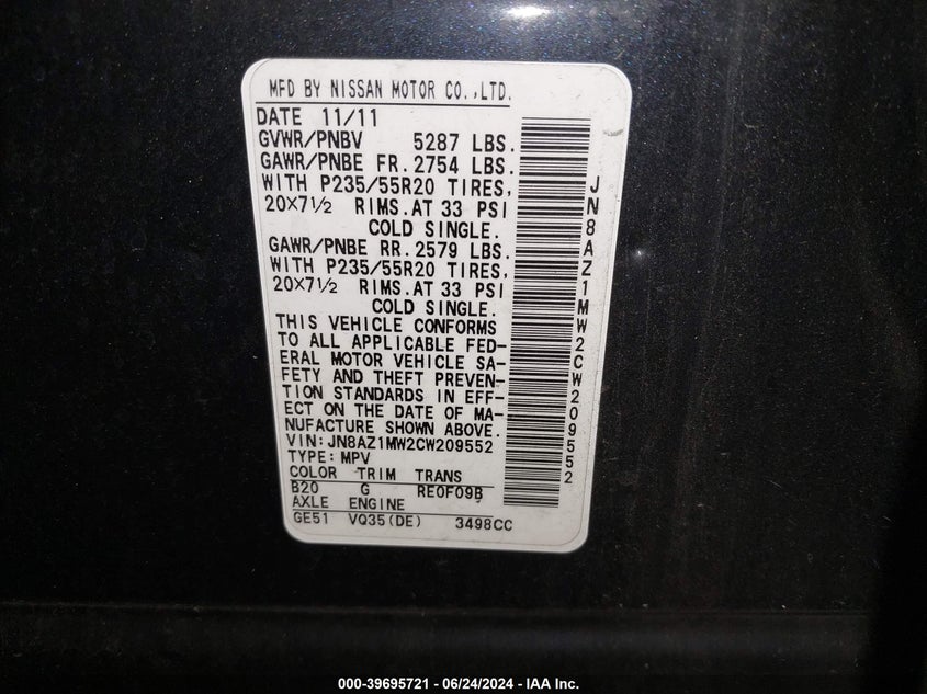 2012 Nissan Murano Le VIN: JN8AZ1MW2CW209552 Lot: 39695721