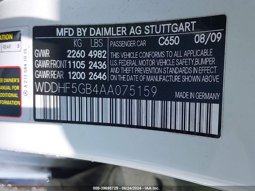 WDDHF5GB4AA075159 2010 Mercedes-Benz E 350