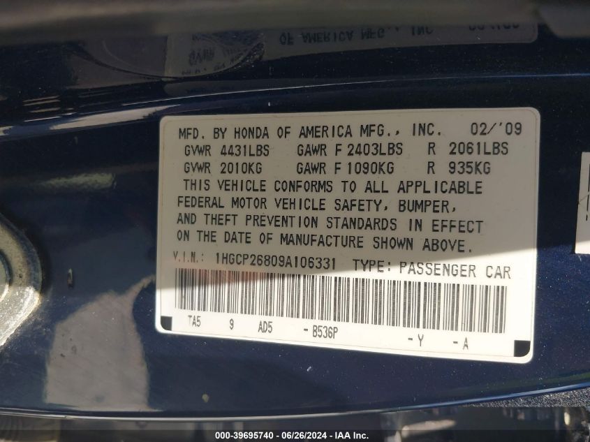 2009 Honda Accord 2.4 Ex-L VIN: 1HGCP26809A106331 Lot: 39695740