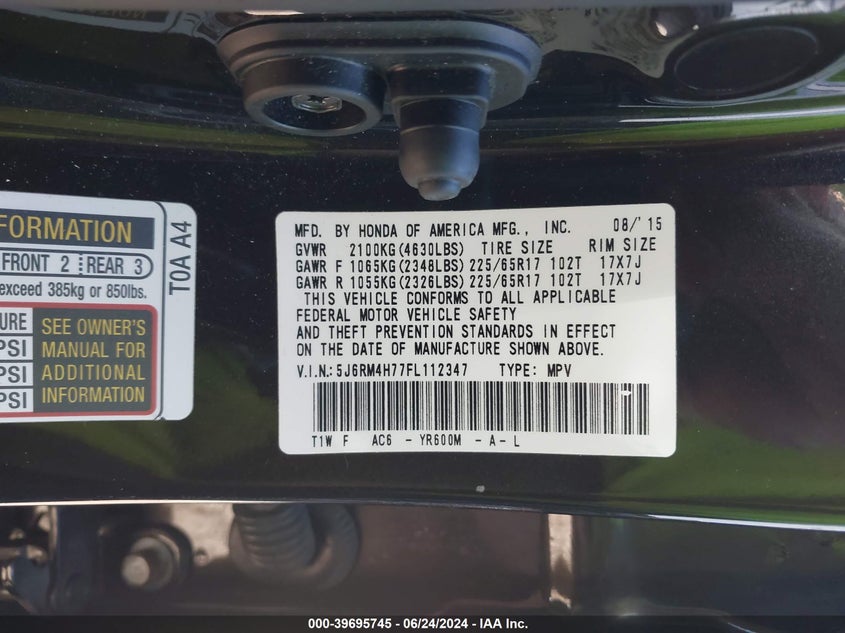 2015 HONDA CR-V EXL - 5J6RM4H77FL112347