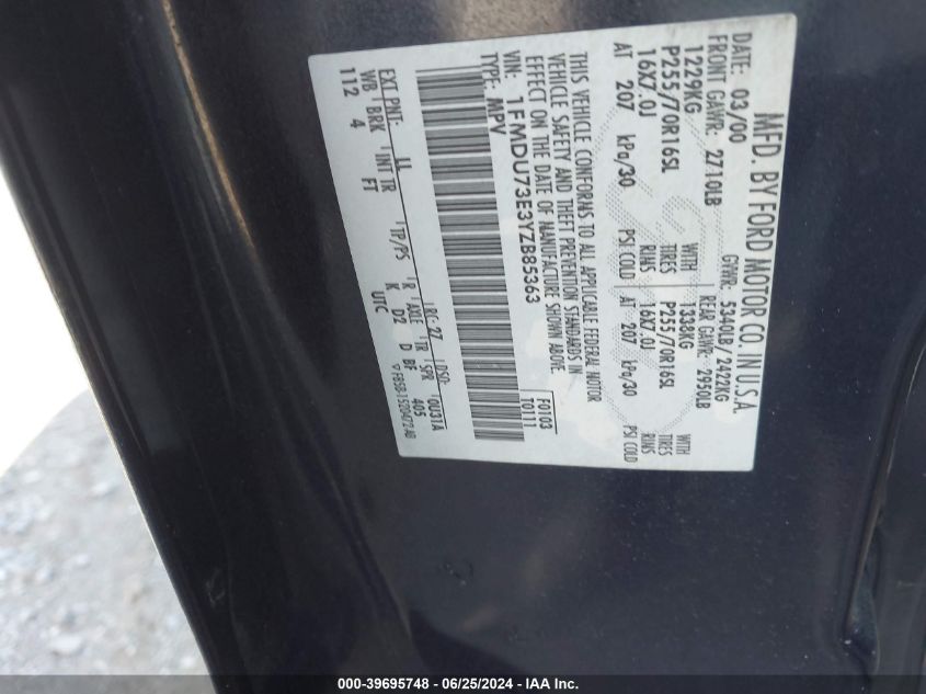 2000 Ford Explorer Xlt VIN: 1FMDU73E3YZB85363 Lot: 39695748