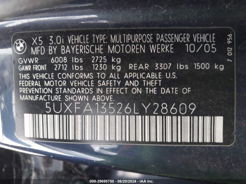 2006 BMW X5 3.0I VIN: 5UXFA13526LY28609 Lot: 39695750