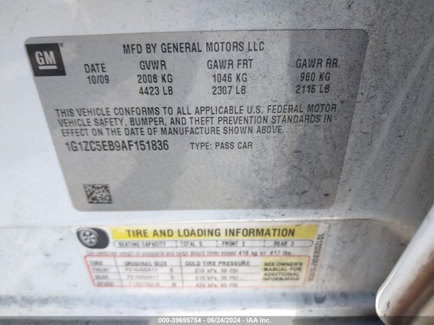 2010 Chevrolet Malibu Lt VIN: 1G1ZC5EB9AF151836 Lot: 39695754