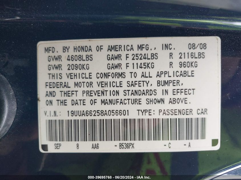 2008 Acura Tl VIN: 19UUA66258A056601 Lot: 39695768