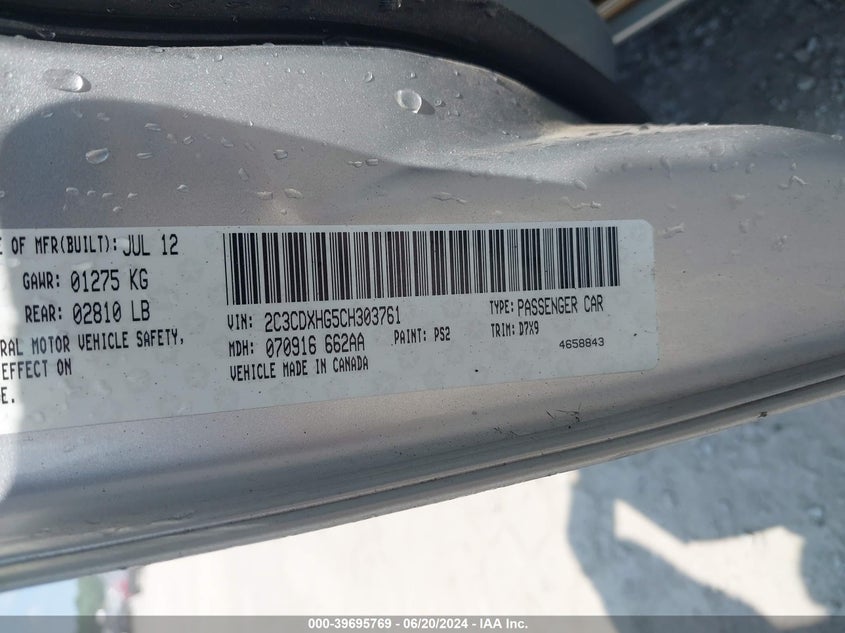 2012 Dodge Charger Sxt VIN: 2C3CDXHG5CH303761 Lot: 39695769