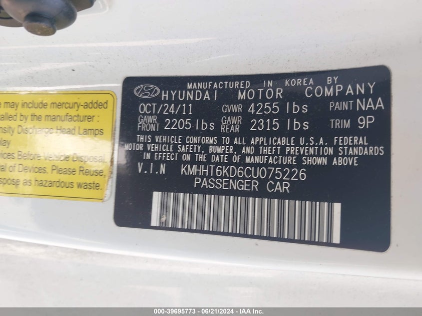 2012 Hyundai Genesis 2.0T Premium VIN: KMHHT6KD6CU075226 Lot: 39695773