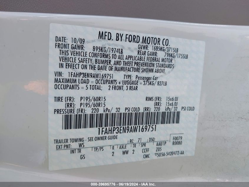 2010 Ford Focus S VIN: 1FAHP3EN9AW169751 Lot: 39695776