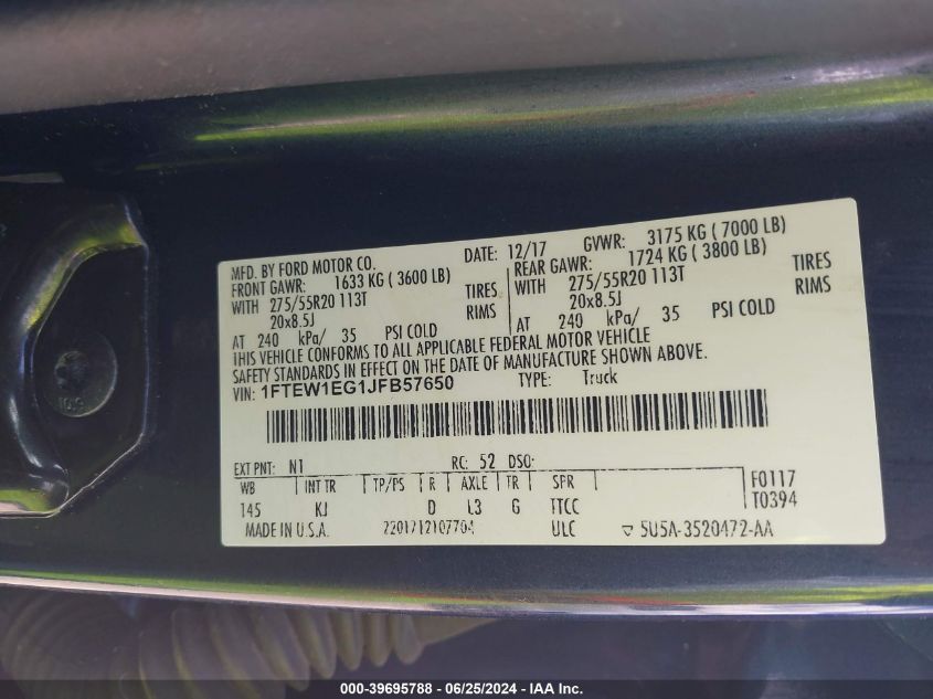 2018 Ford F-150 King Ranch VIN: 1FTEW1EG1JFB57650 Lot: 39695788