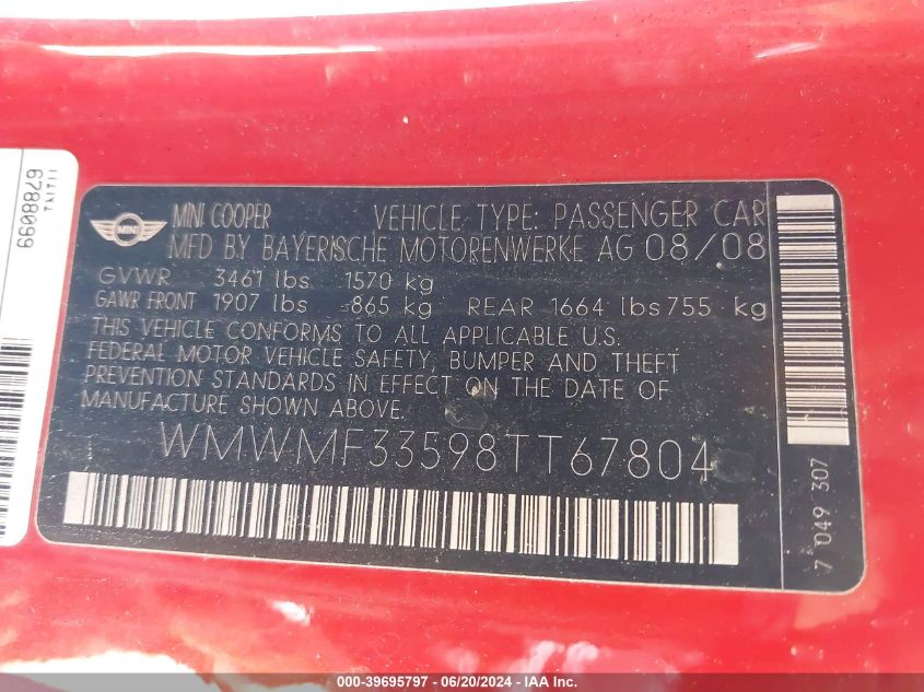 2008 Mini Cooper VIN: WMWMF33598TT67804 Lot: 39695797