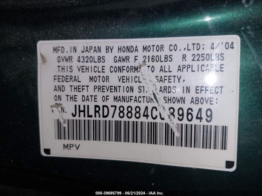 2004 Honda Cr-V Ex VIN: JHLRD78884C039649 Lot: 39695799