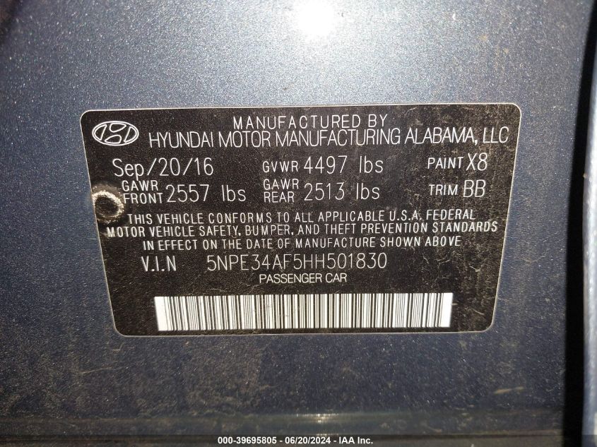 2017 Hyundai Sonata Sport/Limited VIN: 5NPE34AF5HH501830 Lot: 39695805