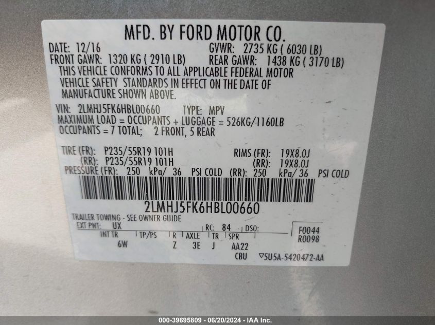 2017 LINCOLN MKT - 2LMHJ5FK6HBL00660