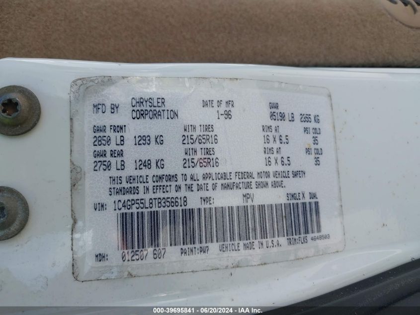 1996 Chrysler Town & Country Lx VIN: 1C4GP55L8TB356618 Lot: 39695841