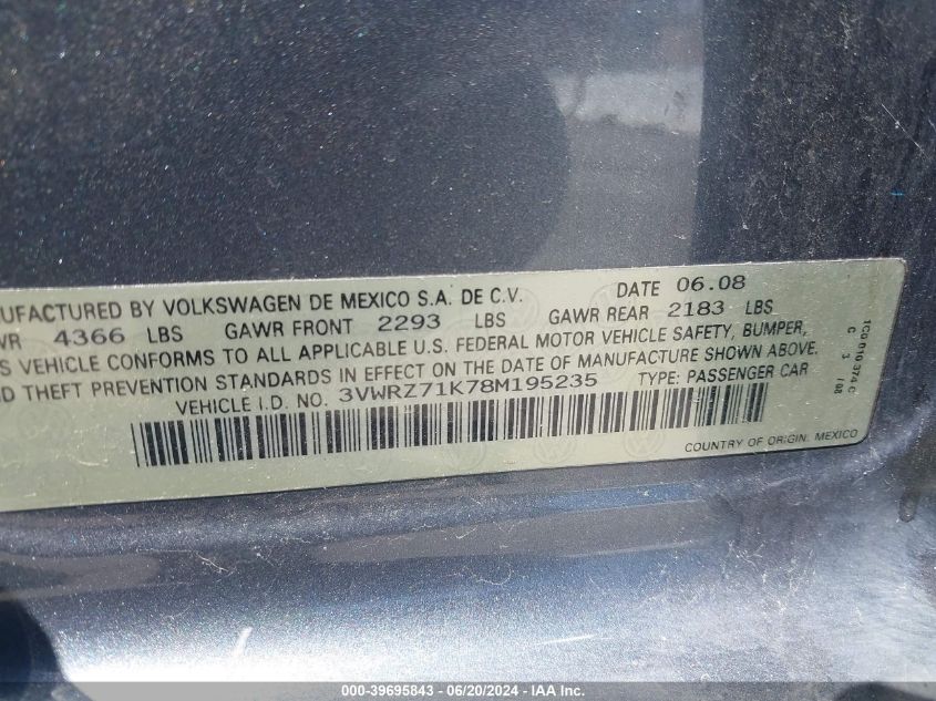 2008 Volkswagen Jetta Se/Sel VIN: 3VWRZ71K78M195235 Lot: 39695843