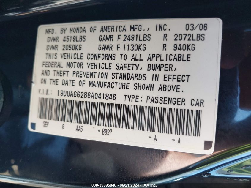 19UUA66286A041846 2006 Acura Tl