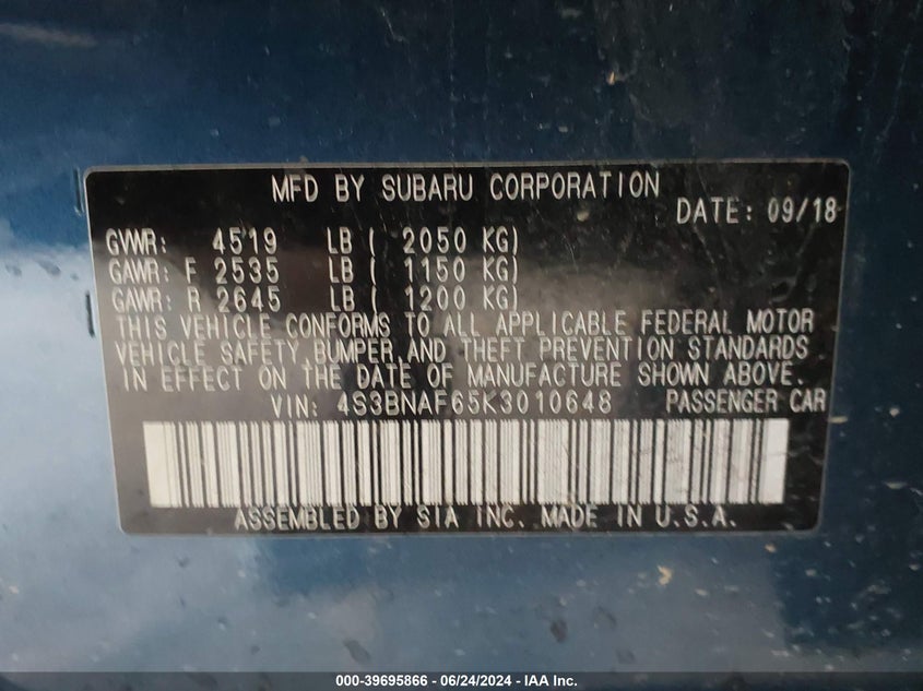 2019 SUBARU LEGACY 2.5I PREMIUM - 4S3BNAF65K3010648