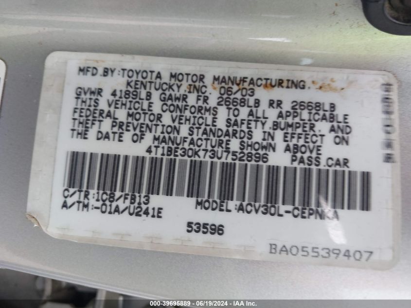 2003 Toyota Camry Le VIN: 4T1BE30K73U752896 Lot: 39695889