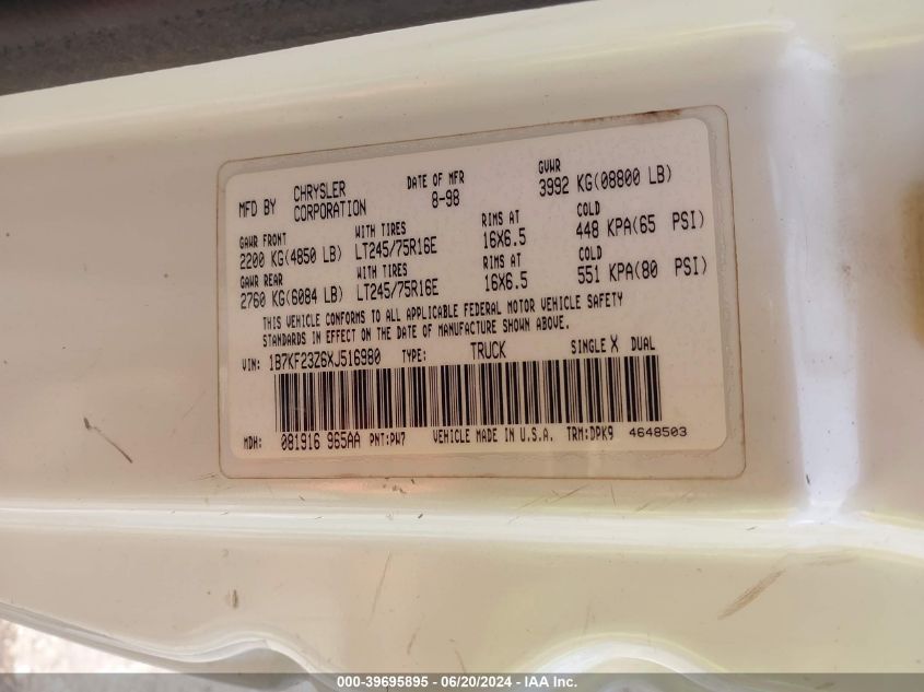 1999 Dodge Ram 2500 St VIN: 1B7KF23Z6XJ516980 Lot: 39695895