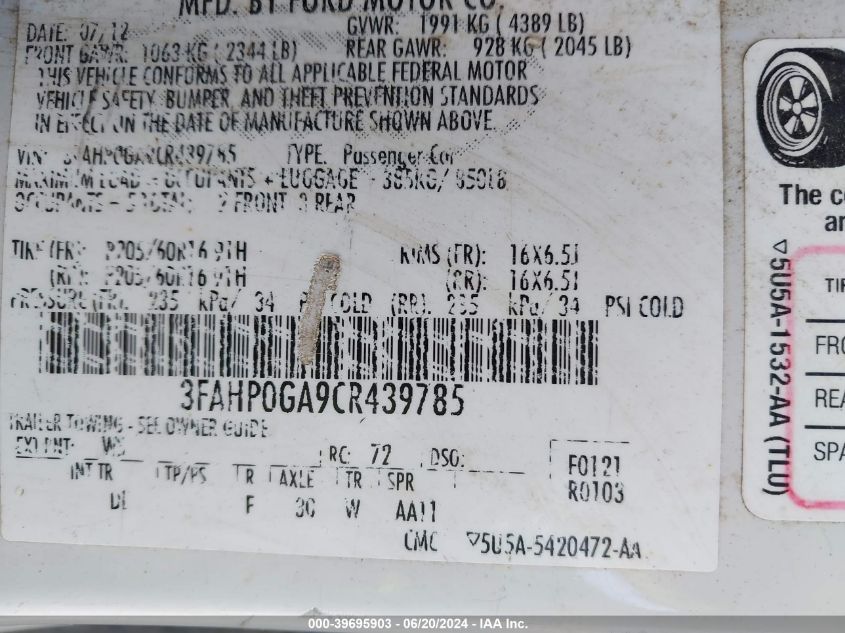 2012 Ford Fusion S VIN: 3FAHP0GA9CR439785 Lot: 39695903