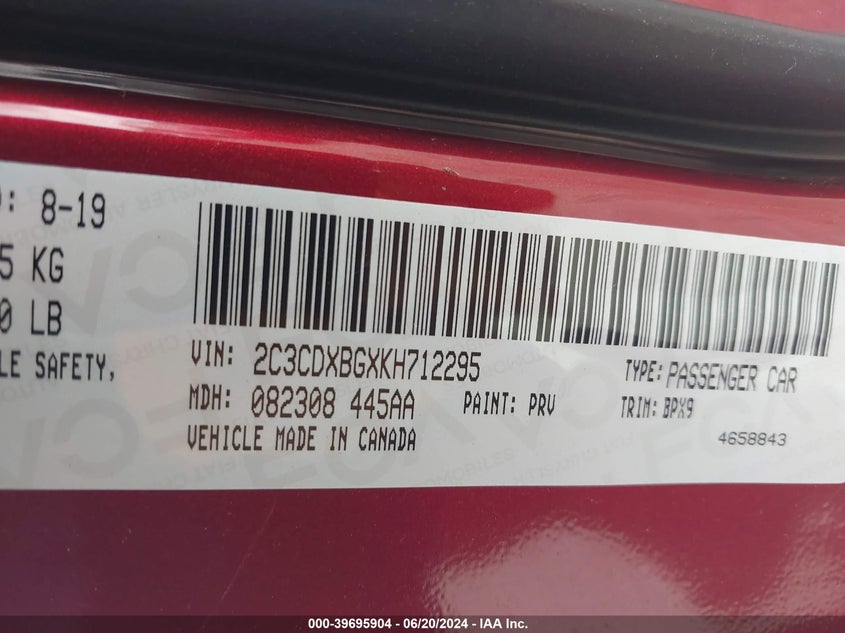 2019 Dodge Charger Sxt Rwd VIN: 2C3CDXBGXKH712295 Lot: 39695904