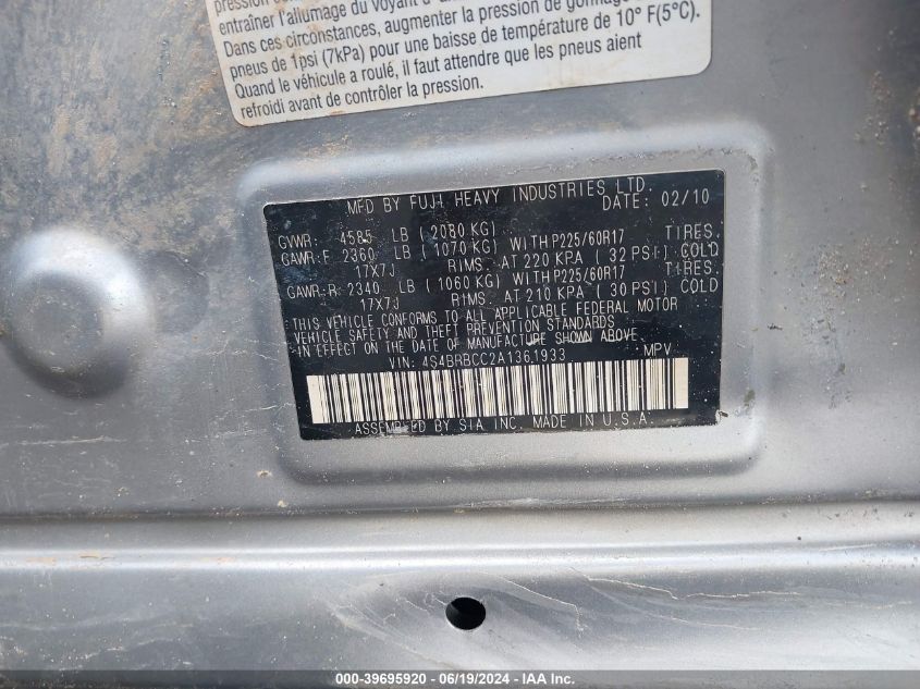 2010 Subaru Outback 2.5I Premium VIN: 4S4BRBCC2A1361933 Lot: 39695920