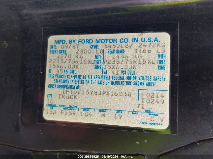 1FTDF15Y8JPA16038 1988 Ford F150