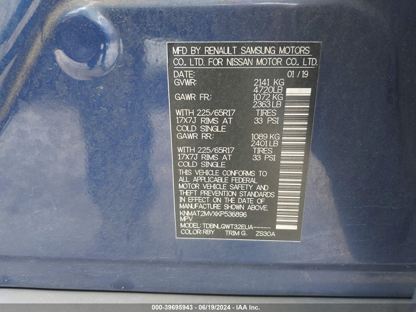 2019 Nissan Rogue S/Sv VIN: KNMAT2MVXKP536896 Lot: 39695943