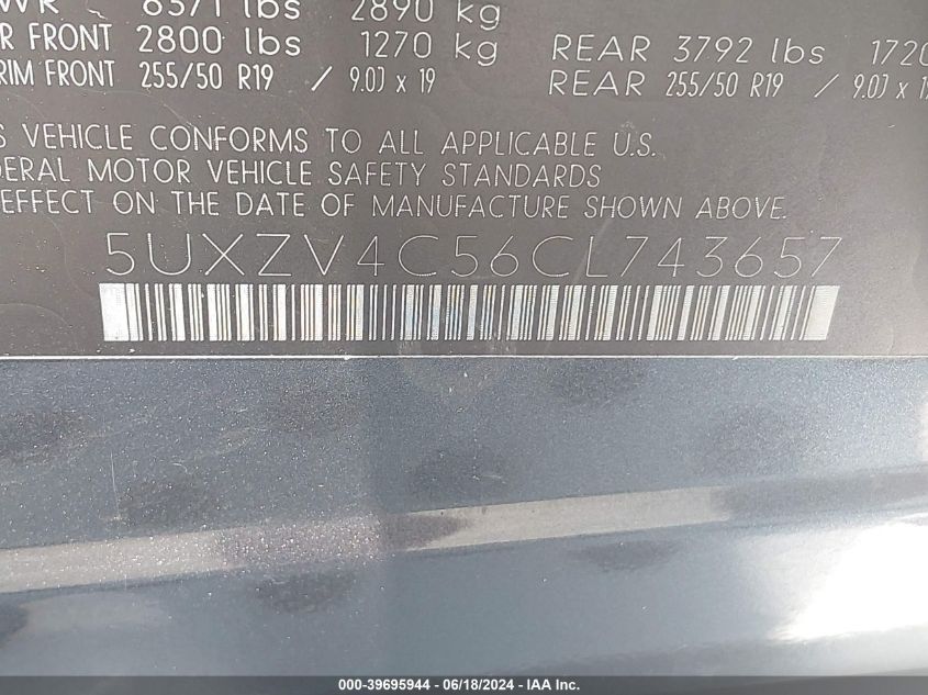 2012 BMW X5 xDrive35I/xDrive35I Premium/xDrive35I Sport Activity VIN: 5UXZV4C56CL743657 Lot: 39695944