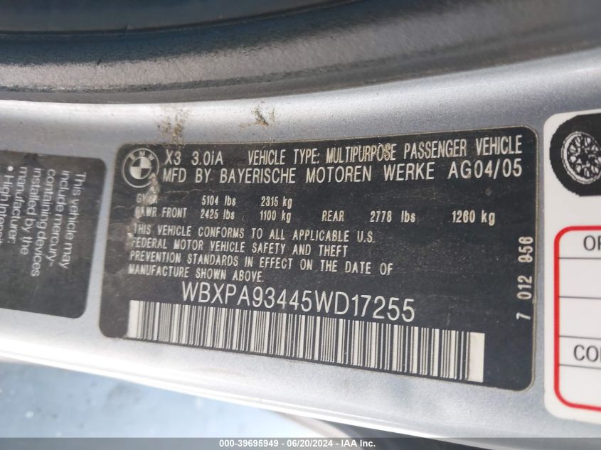 2005 BMW X3 3.0I VIN: WBXPA93445WD17255 Lot: 39695949
