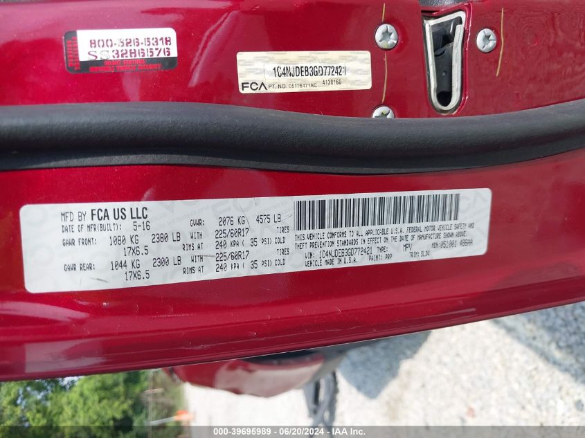 2016 Jeep Compass High Altitude Edition VIN: 1C4NJDEB3GD772421 Lot: 39695989