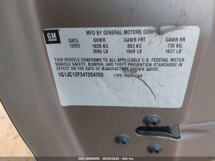 2004 Chevrolet Cavalier VIN: 1G1JC12F347264760 Lot: 39695995