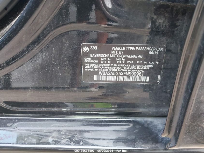 2015 BMW 328I VIN: WBA3A5G5XFNS90961 Lot: 39695997