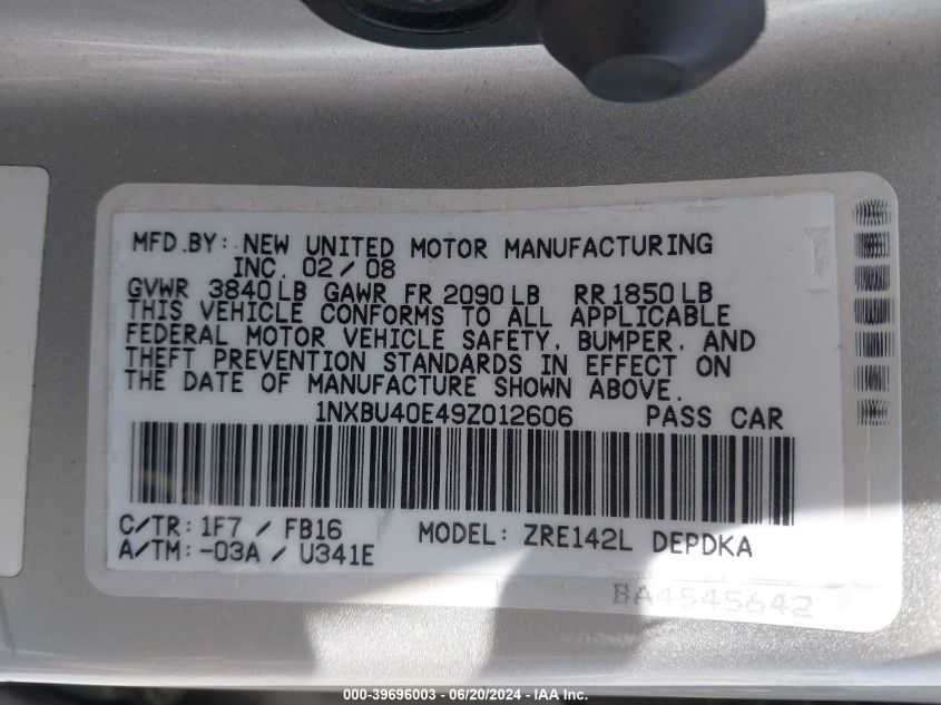 2009 Toyota Corolla Le VIN: 1NXBU40E49Z012606 Lot: 39696003