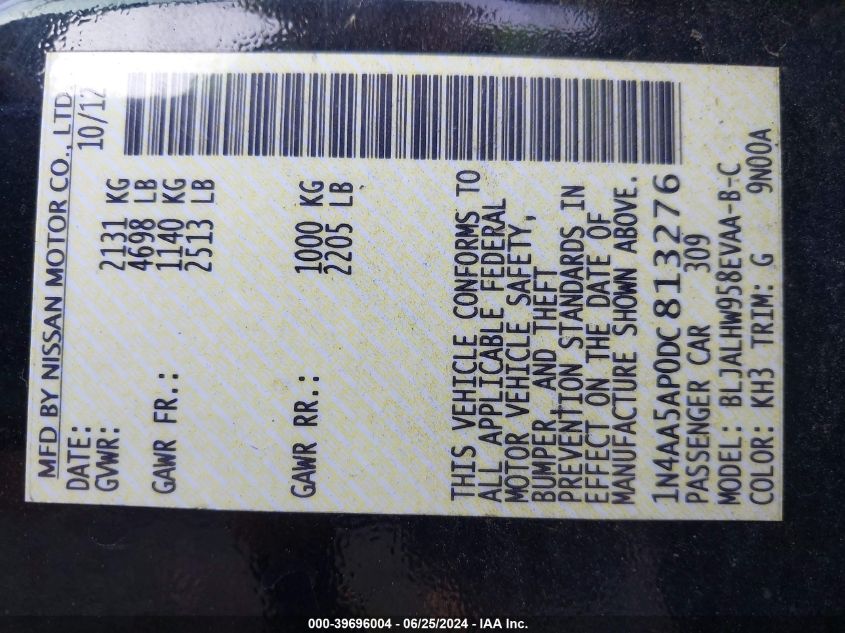 2013 Nissan Maxima 3.5 Sv VIN: 1N4AA5AP0DC813276 Lot: 39696004