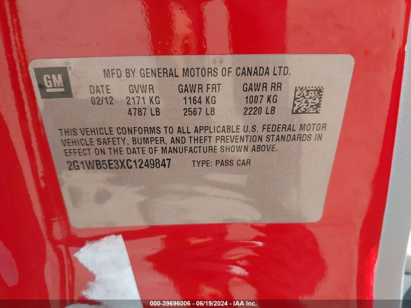 2012 Chevrolet Impala Lt VIN: 2G1WB5E3XC1249847 Lot: 39696006