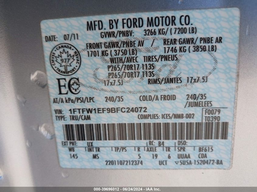 2011 Ford F-150 Xlt VIN: 1FTFW1EF9BFC24072 Lot: 39696012