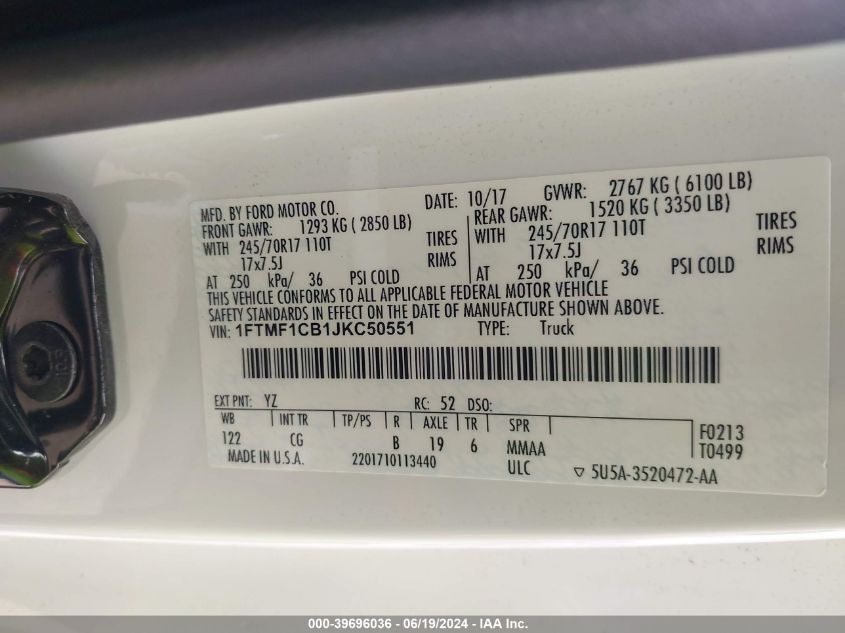 2018 Ford F150 VIN: 1FTMF1CB1JKC50551 Lot: 39696036