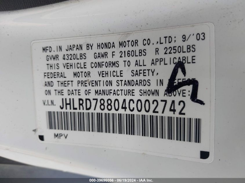 2004 Honda Cr-V Ex VIN: JHLRD78804C002742 Lot: 39696056