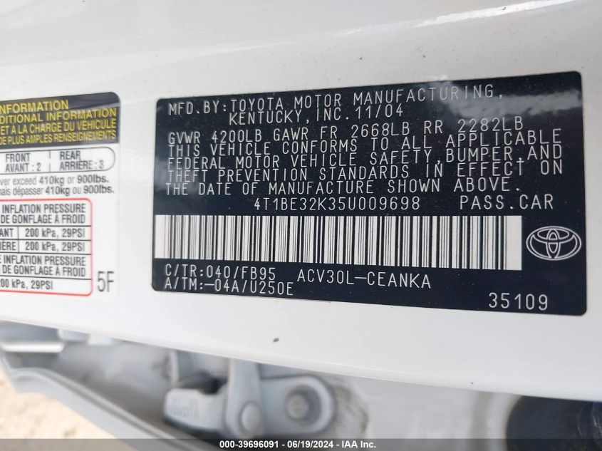 2005 Toyota Camry Le VIN: 4T1BE32K35U009698 Lot: 39696091