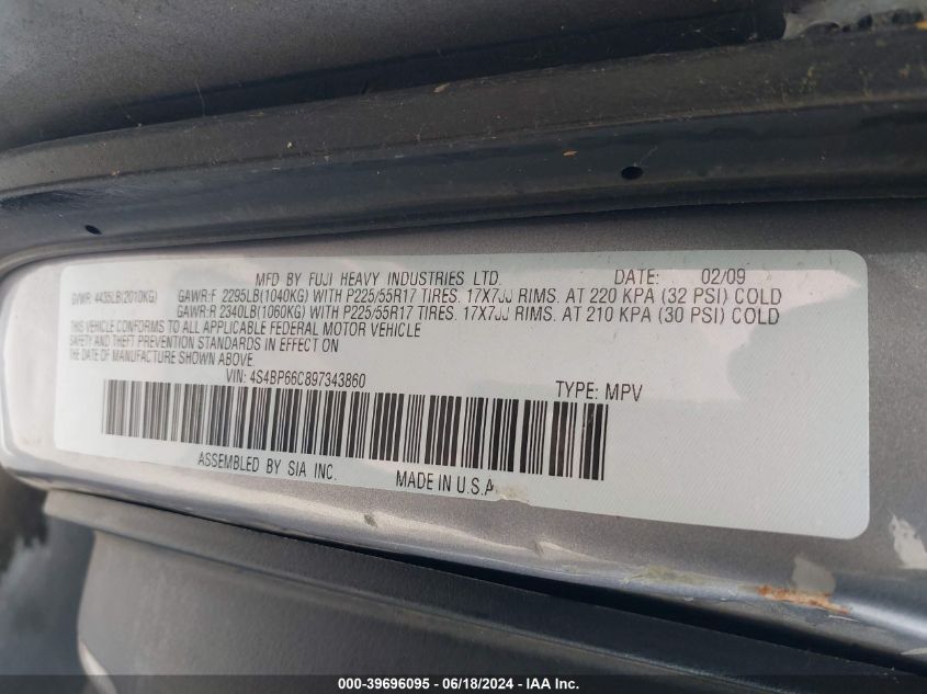 2009 Subaru Outback 2.5I Limited VIN: 4S4BP66C897343860 Lot: 39696095