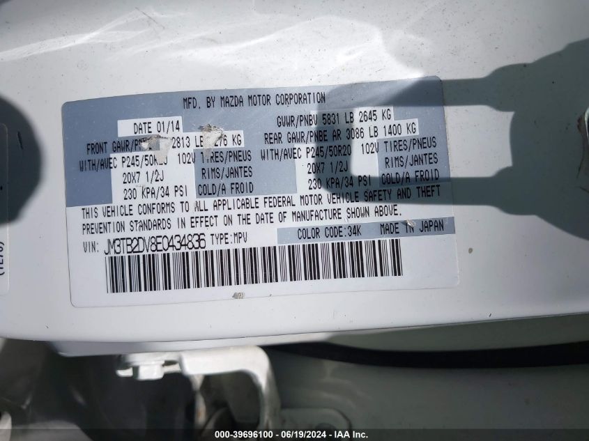 2014 Mazda Cx-9 Grand Touring VIN: JM3TB2DV8E0434836 Lot: 39696100
