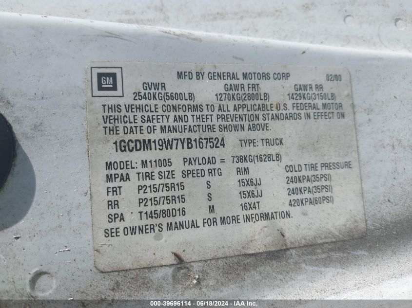 2000 Chevrolet Astro VIN: 1GCDM19W7YB167524 Lot: 39696114