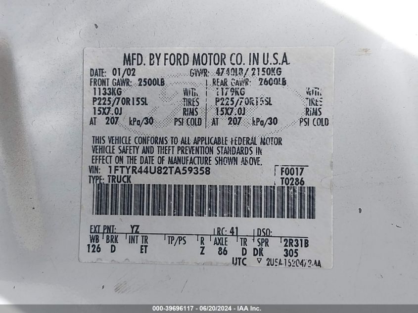 2002 Ford Ranger Super Cab VIN: 1FTYR44U82TA59358 Lot: 39696117