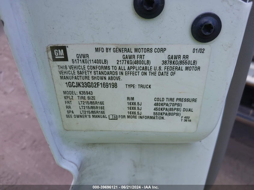 2002 Chevrolet Silverado 3500 Lt VIN: 1GCJK33G02F169198 Lot: 39696121