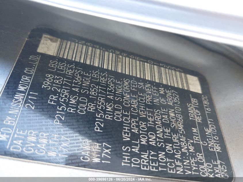 2011 Nissan Juke Sv VIN: JN8AF5MR6BT013527 Lot: 39696126