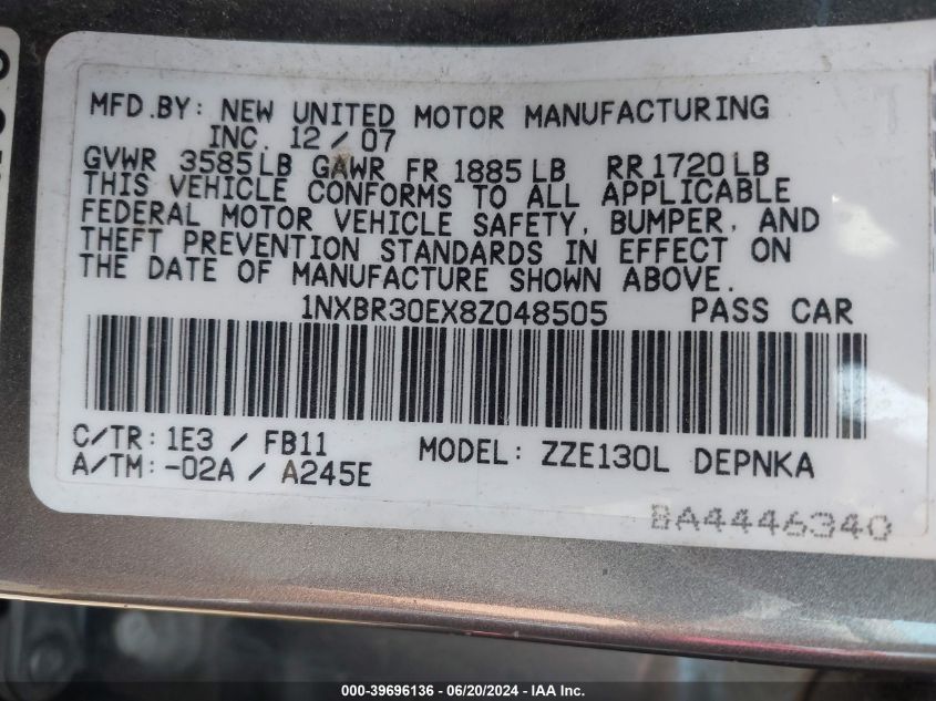 2008 Toyota Corolla Ce/Le/S VIN: 1NXBR32E18Z991764 Lot: 39696136