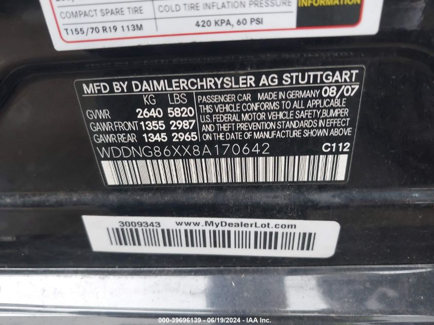 2008 Mercedes-Benz S 550 4Matic VIN: WDDNG86XX8A170642 Lot: 40946906